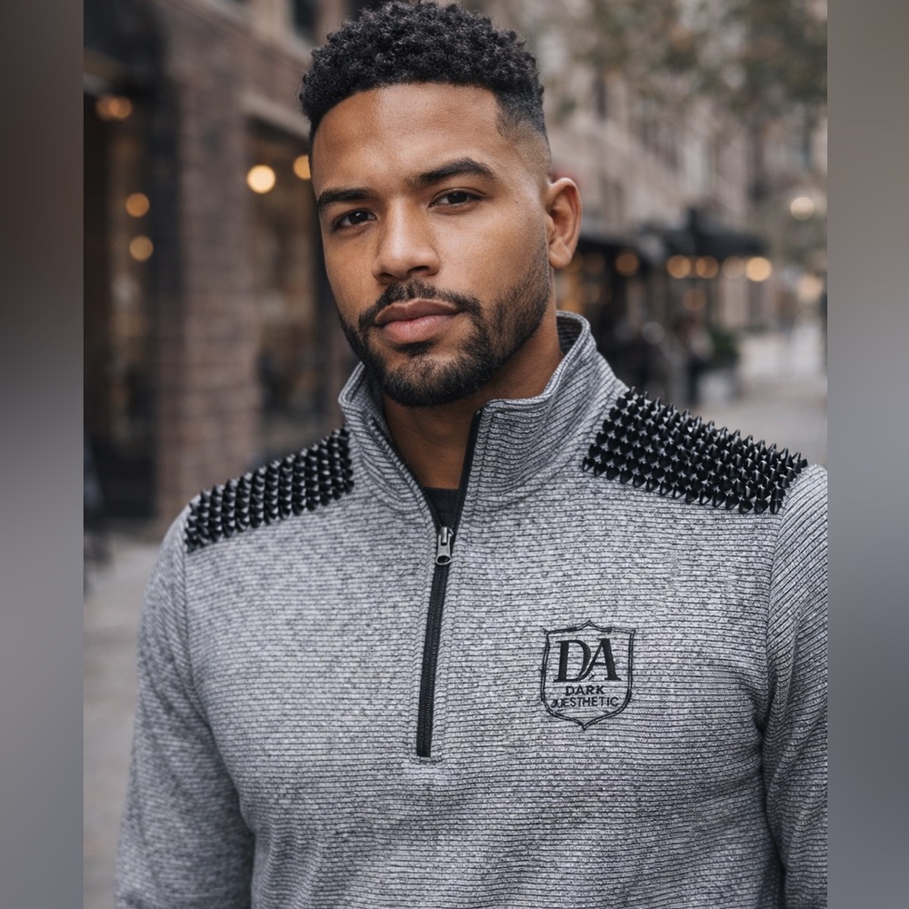 Gray Sweater with Black Studded Shoulders